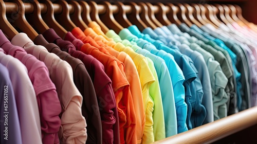 Many beautiful fashionable bright multi-colored shirts on hangers in a fashionista's wardrobe