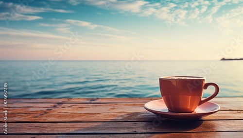 Coffee cup on the wooden table with sea view background