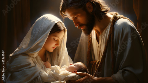 Virgin Mary and Joseph holding baby Jesus, nativity © xavmir2020