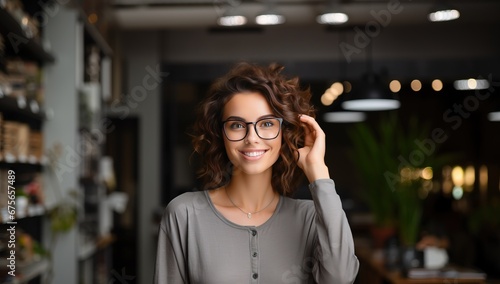 portrait of smiling businesswoman in eyeglasses in coffee shop