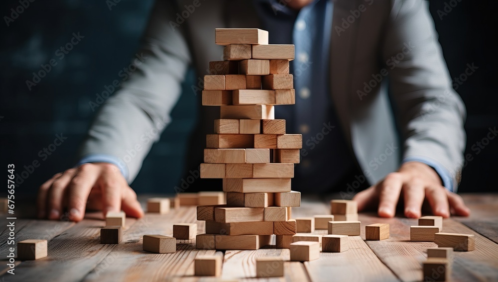 Businessman building a tower of wooden blocks. Business success and strategy concept - obrazy, fototapety, plakaty 