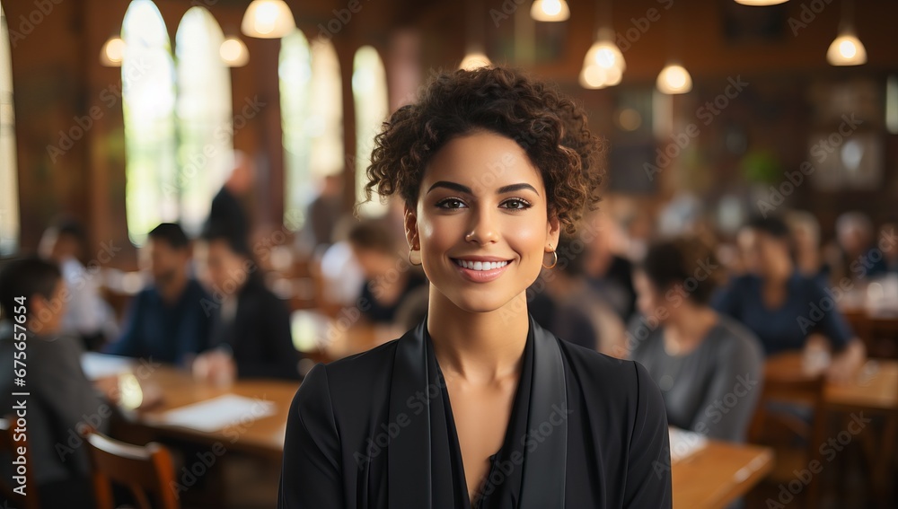 Portrait of beautiful young African-American businesswoman in conference hall