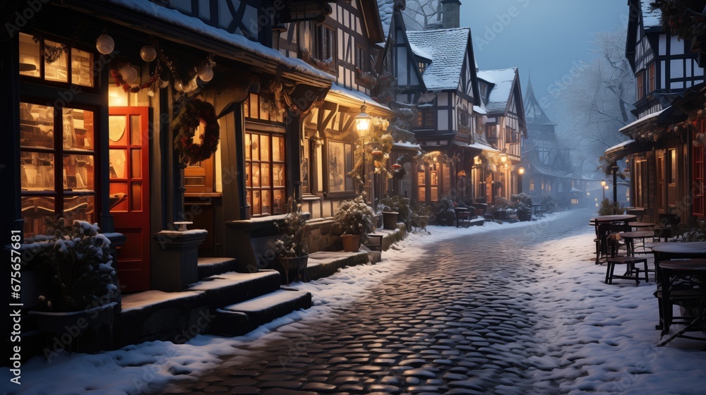 Twinkling lights and holiday decorations adorn an enchanting snow-dusted European street at dusk, cobblestone streets, timber house