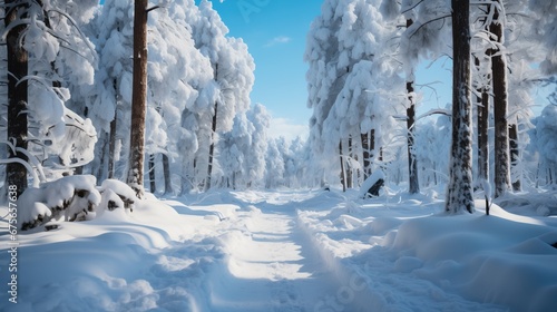 A snow-covered forest path, flanked by trees weighed down with snow, under a bright blue winter sky.