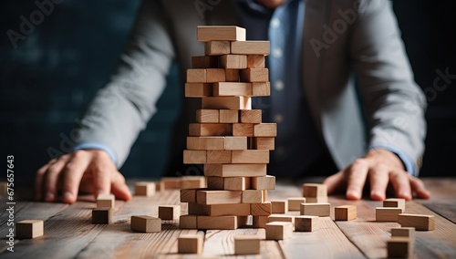 Businessman building a tower of wooden blocks. Business success and strategy concept