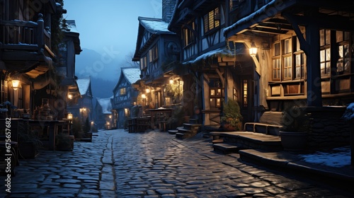 A cobblestone street in an old European town is lit by warm lanterns, with timbered houses and snowfall creating a magical evening scene, timber houses © DigitalArt
