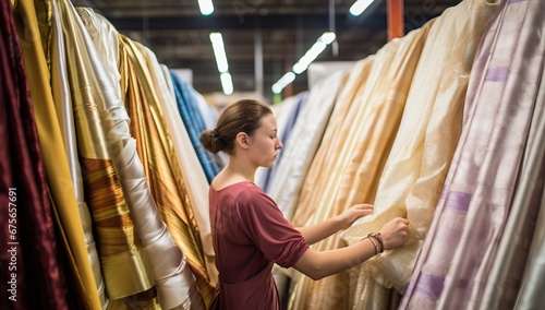Portrait of a young woman choosing fabric in a textile store