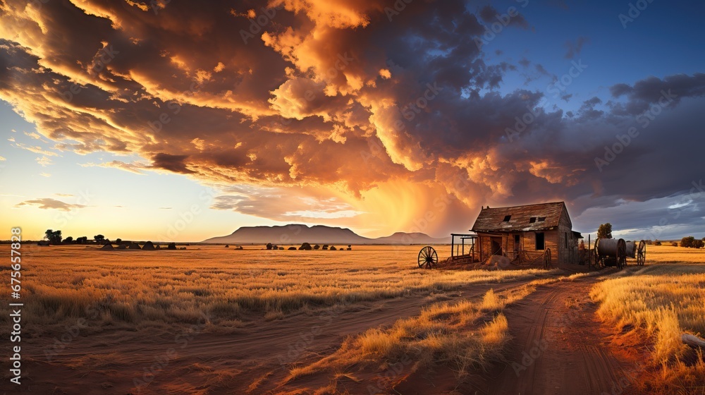 Fototapeta premium Abandoned House in Field at Sunset