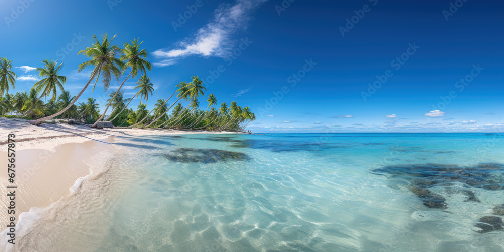 Fototapeta premium The beach unfolds in a panorama of beauty, with palm trees swaying above the gentle caress of shallow blue waters
