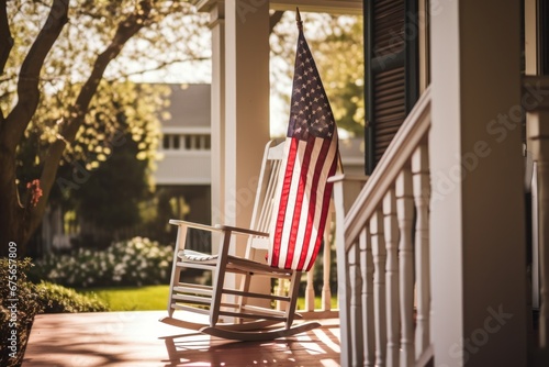 Presence of USA flag on building porch expresses patriotism reflecting love for country. USA flag on porch of house unmistakably radiates sense of patriotism signifying national allegiance