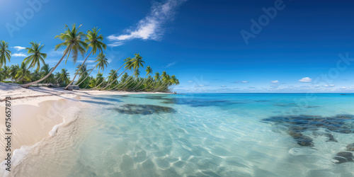 The beach unfolds in a panorama of beauty, with palm trees swaying above the gentle caress of shallow blue waters