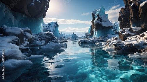  A crystal-clear frozen stream runs between snow-covered ice formations under a bright blue sky in a polar landscape.