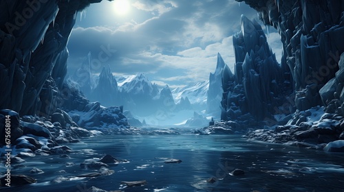  A glacial passage opens up to a breathtaking scene of sharp icy peaks and a tranquil frozen waterway under a dusky sky.