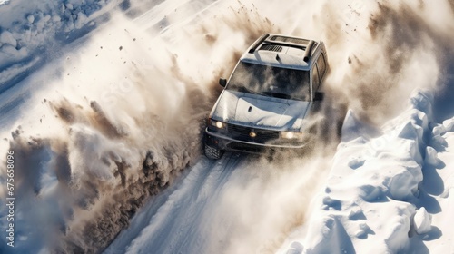 car breaking through a snowbank in a thrilling off-road race, viewed from a crane above. The rugged terrain and snow explosion create excitement © mariyana_117