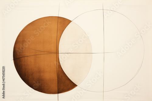 Graphic resources, minimalist art, modern art concept. Abstract illustration of brown circles and lines on bright background with copy space. Grunge style, pastel colors