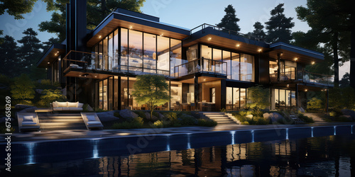 The modern house boasts a sleek black exterior, its glass windows reflecting the world around it © PRI