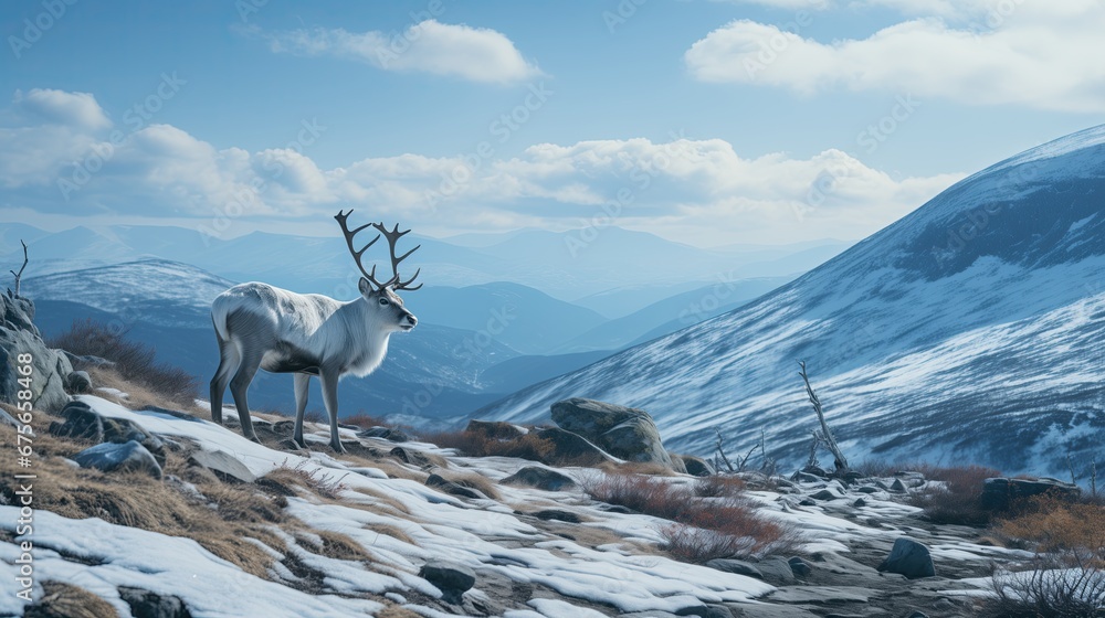 A majestic white reindeer stands on a snowy tundra with mountains in the background under a clear blue sky. A majestic white reindeer stands on a snowy tundra with mountains in the background under a clear blue sky.