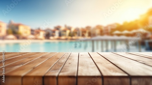 The empty wooden brown table top with blur background of seaside resort. Exuberant image. generative AI