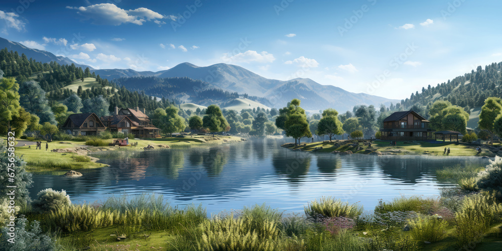 The houses by the small lake nestle quietly, a serene community cradled by the valley's gentle arms