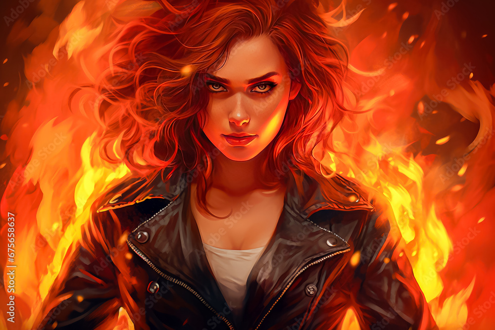 Portrait of a beautiful young woman with red hair in a leather jacket. Portrait of a beautiful young woman with red hair in a leather jacket.