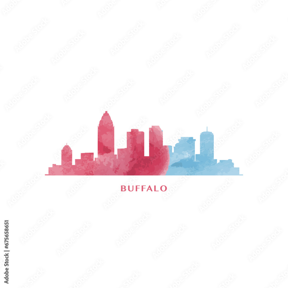 Buffalo city US watercolor cityscape skyline panorama vector flat modern logo icon. USA, New York state of America emblem with landmarks and building silhouettes. Isolated red and blue graphic