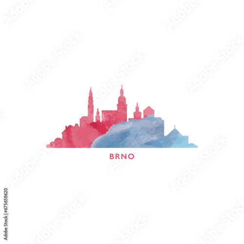 Brno watercolor cityscape skyline city panorama vector flat modern logo, icon. Czech Republic town emblem concept with landmarks and building silhouettes. Isolated graphic