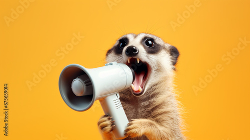 Meerkat with a megaphone making an announcement photo