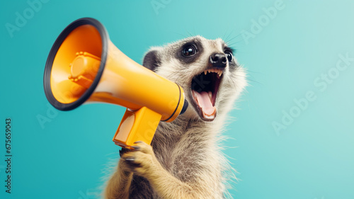 Meerkat with a megaphone making an announcement photo