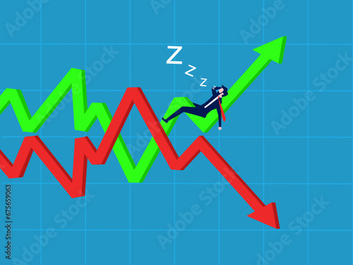 Accept business changes. Businessman lies on the uncertainty of the up and down graph. vector