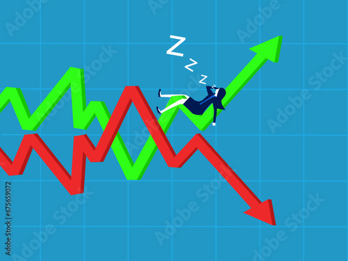 Accept volatility. Businesswoman lies on the uncertainty of the up and down graph. vector