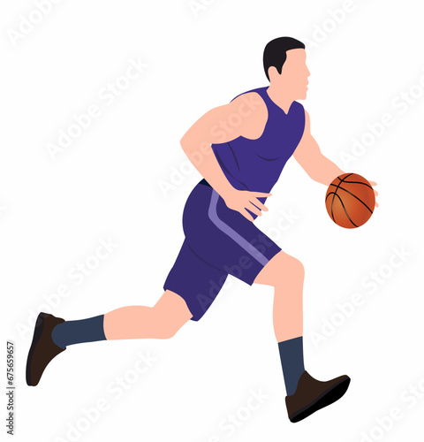 Basketball player on isolated white background. Vector illustration in full length in playing pose. 