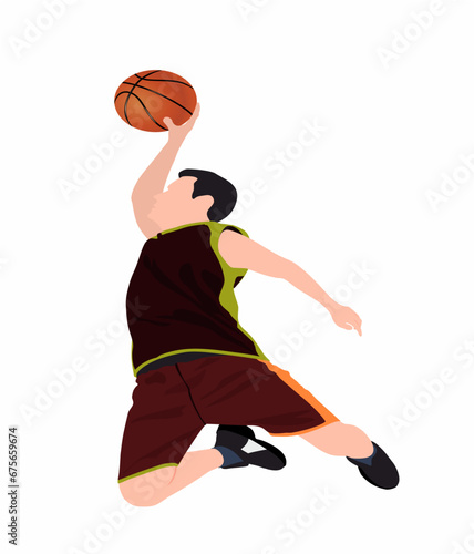 Basketball player on isolated white background. Vector illustration in full length in playing pose. 