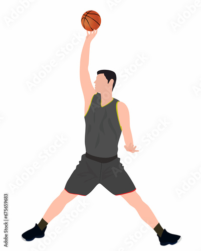 Basketball player on isolated white background. Vector illustration in full length in playing pose. 