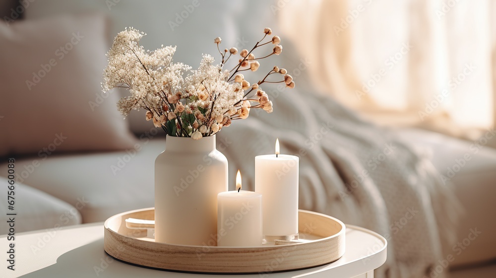 Flowers in vase and burning candles in living room, cosy winter interior home decor, calm and relax living mockup arrangement - obrazy, fototapety, plakaty 