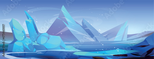 Antarctica landscape with ice mountains and falling snow. Cartoon vector polar scenery with iceberg and glacier rocks floating in sea or ocean. Northern winter scene with snowy frozen icy peaks