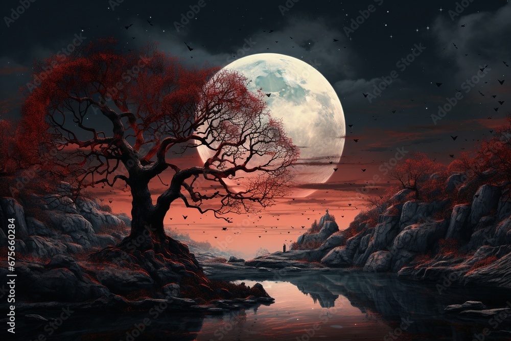 Un árbol con las hojas rojas en otoño al lado de un río y la Luna llena en el fondo - obrazy, fototapety, plakaty 