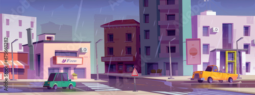 City street intersection in rain - cartoon vector town landscape with multistorey buildings with shop and cafe, cars riding road with cross, sidewalks and puddles under falling rainy drops.