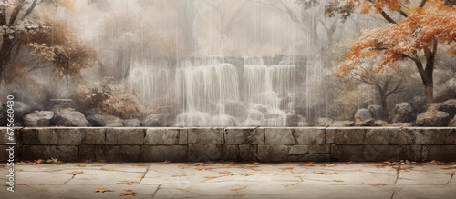 The abstract pattern on the textured wall depicts a mesmerizing waterfall blending seamlessly into the European landscape surrounded by stunning rocks and a tranquil water feature all set ag