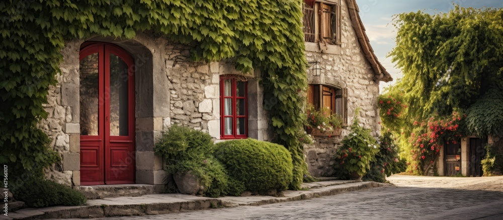 In the quaint streets of Europe a vintage house with a red door stands among the stone buildings showcasing an old world charm and architectural design The wooden walls adorned with green v