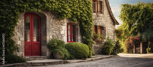 In the quaint streets of Europe a vintage house with a red door stands among the stone buildings showcasing an old world charm and architectural design The wooden walls adorned with green v
