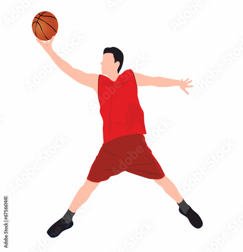 Basketball player on isolated white background. Vector illustration in full length in playing pose. 