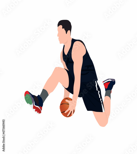 Basketball player on isolated white background. Vector illustration in full length in playing pose. 