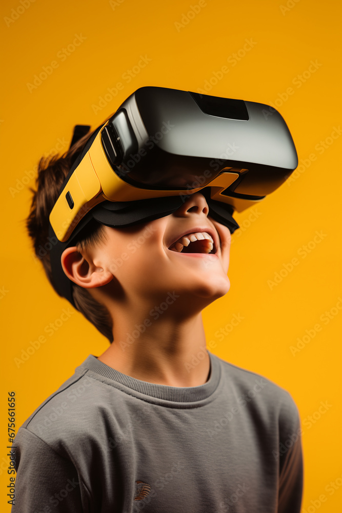 Young boy getting experience using VR headset glasses isolated on a yellow background Young boy getting experience using VR headset glasses isolated on a yellow background