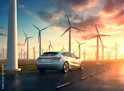 landscape and EV Car or electric power car in front of wind turbines, at sunset surrounded by windmills with blue sky