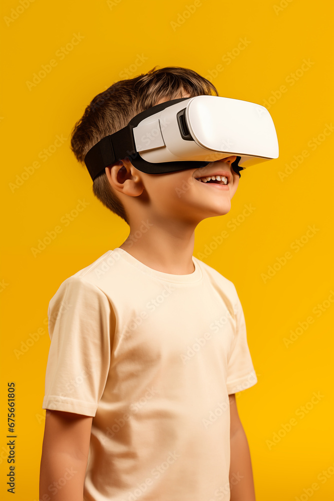 Young boy getting experience using VR headset glasses isolated on a yellow background Young boy getting experience using VR headset glasses isolated on a yellow background