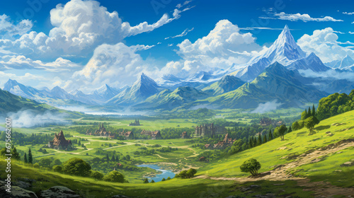 Fantasy landscape with mountains and lake.