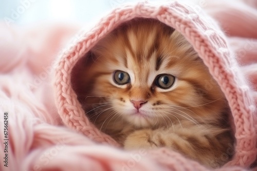 Cute little fluffy kitten in a knitted hat