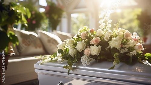 white wooden coffin with white flowers in the room, funeral process photo