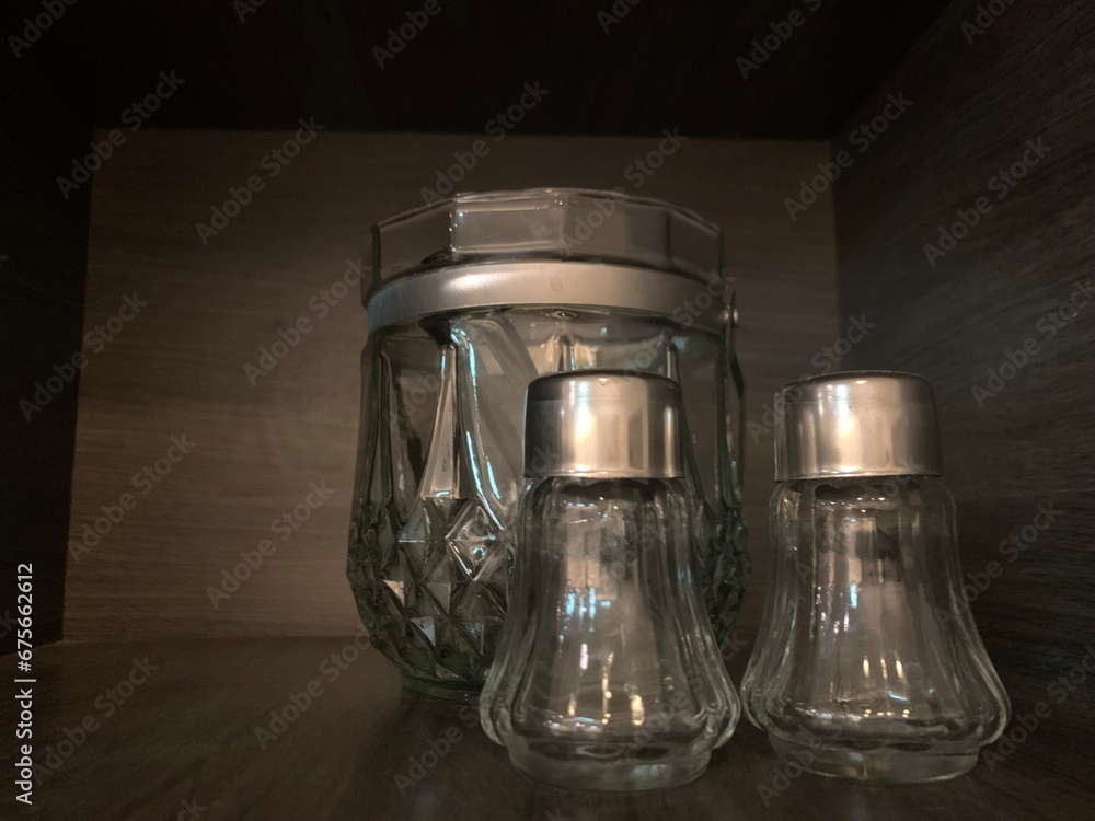 salt and pepper shakers, Glass salt and pepper shakers with ice bowl in cabinet salt and pepper shakers, Glass salt and pepper shakers with ice bowl in cabinet