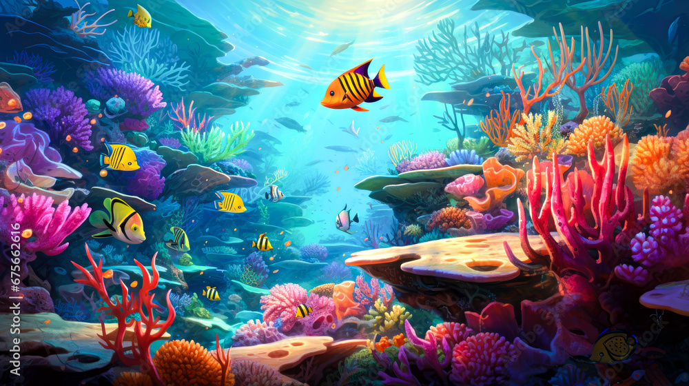 Naklejka premium Underwater world with corals and tropical fish.